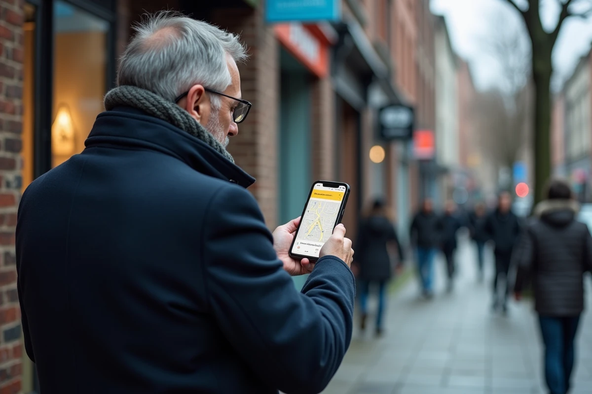 Homme regardant un panneau d affichage en ville