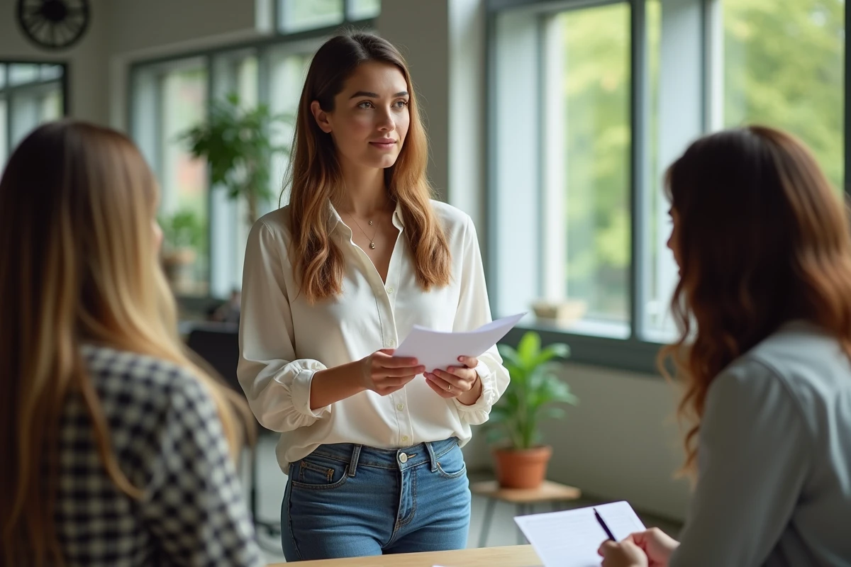 Jeune femme présente un projet écologique en coworking
