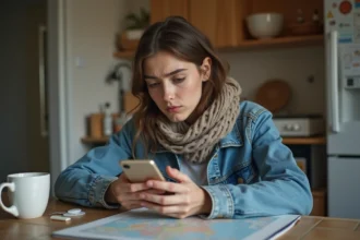 Jeune femme avec smartphone et carte digitale à la maison