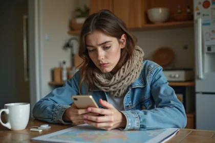 Jeune femme avec smartphone et carte digitale à la maison