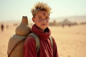 Jeune garçon dans le désert avec tunic rouge et gourde, visage contemplatif