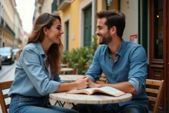 Jeune homme portugais souriant en discussion avec une femme dans un café lisboète