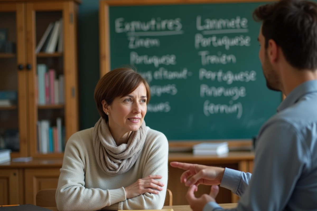 Femme française écoute un professeur de portugais en classe