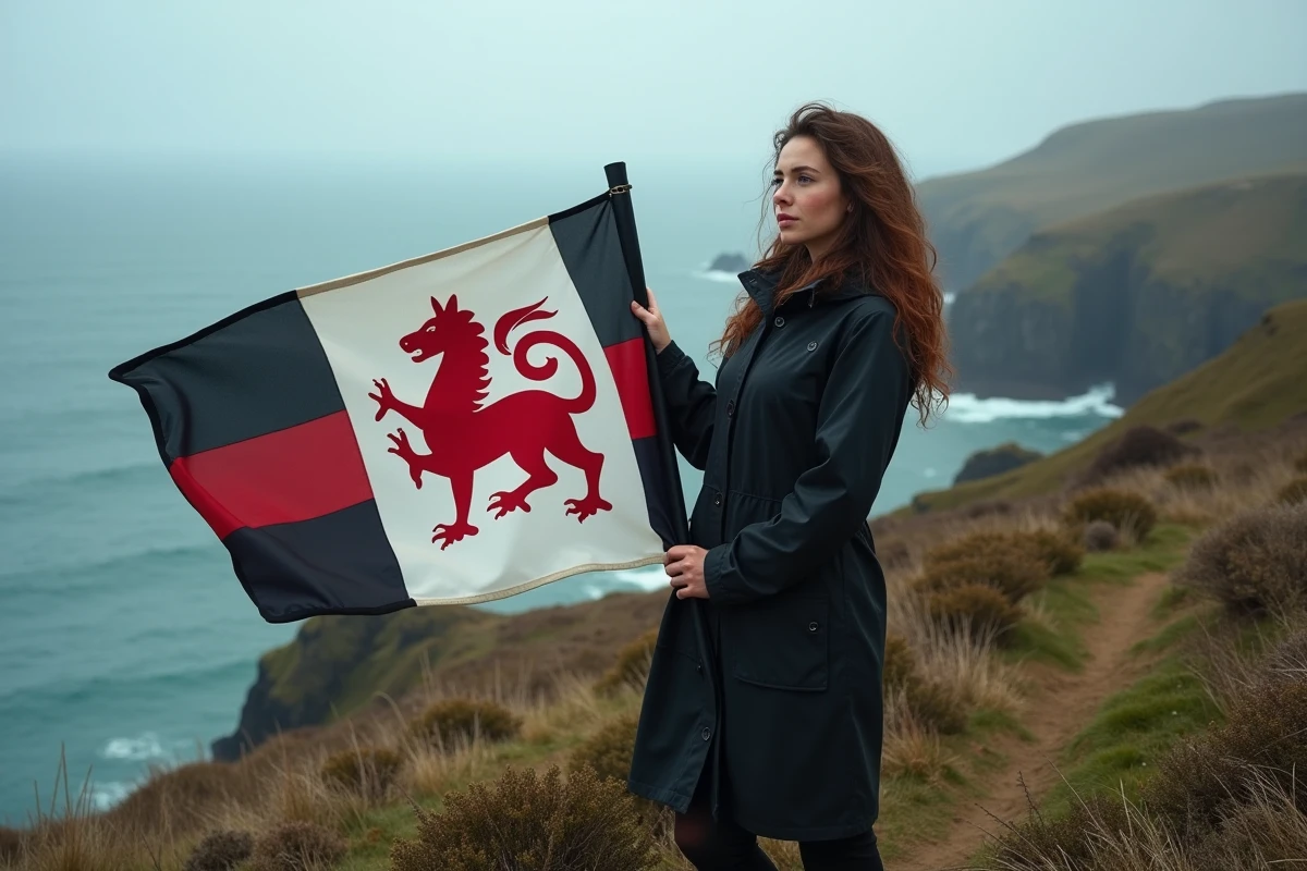 Jeune femme bretonne déployant un drapeau sur une falaise sauvage