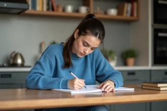 Jeune femme concentrée écrivant dans un carnet à la maison