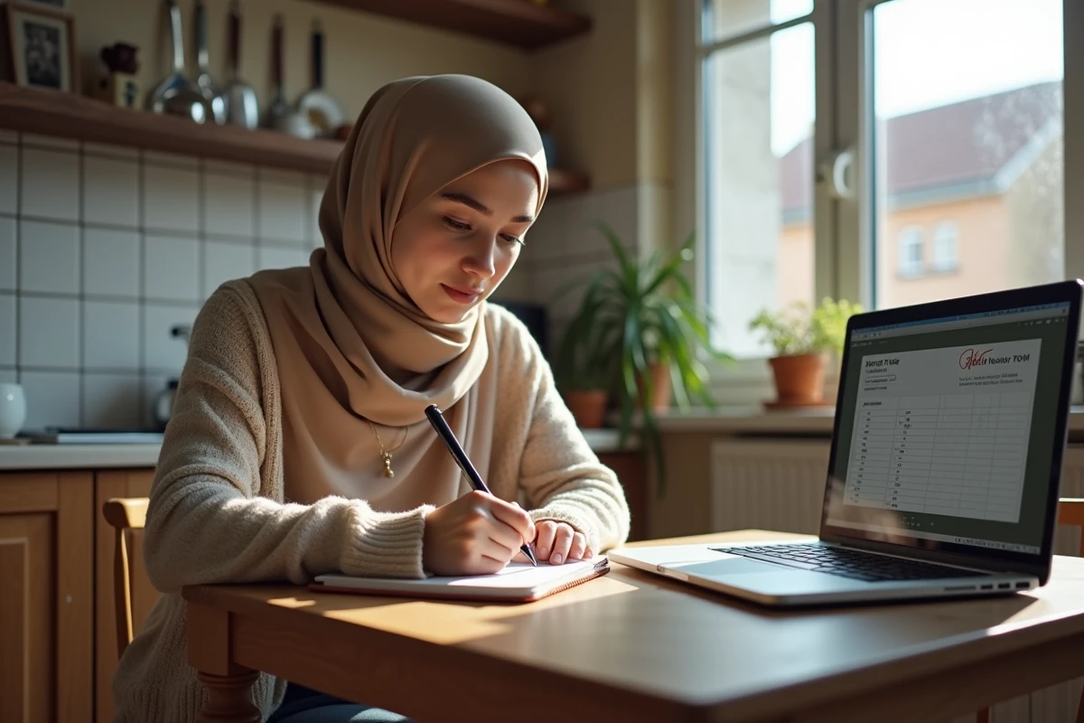 Jeune femme musulmane notant prière dans sa cuisine