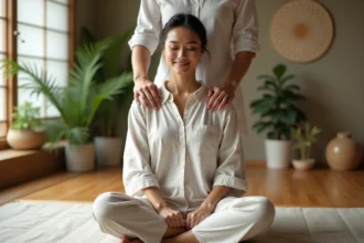 Femme détendue recevant un massage shiatsu dans un espace zen