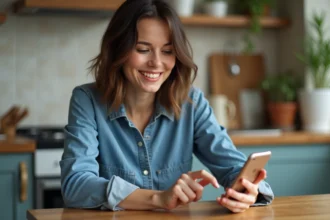 Femme souriante utilisant son smartphone dans la cuisine