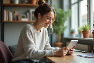 Femme souriante jouant à un jeu en ligne sur tablette dans un bureau moderne