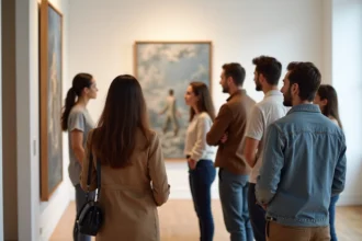 Visite d'une galerie d'art avec diverses œuvres exposées