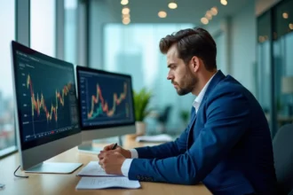 Trader concentré devant plusieurs écrans d'analyse financière