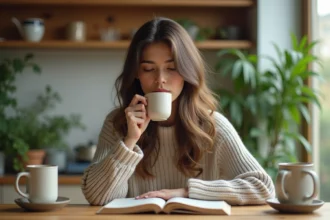 Maté dans une tasse avec des feuilles et une bombilla