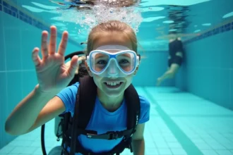 Enfant découvrant la plongée sous-marine avec un moniteur