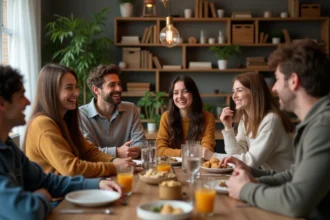 soirée festive avec amis et famille autour de plats et boissons