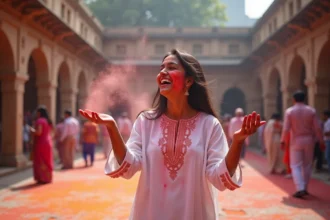 Célébration colorée de Holi avec des participants joyeux