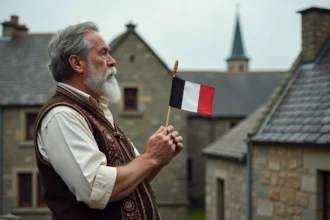 Homme breton traditionnel tenant un drapeau d'hermine dans un village