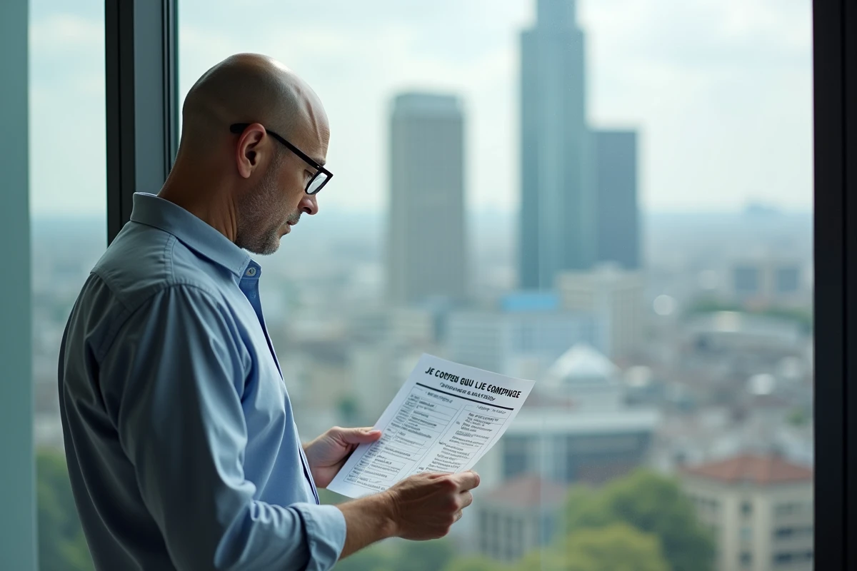 Homme lisant une fiche de grammaire dans un bureau urbain