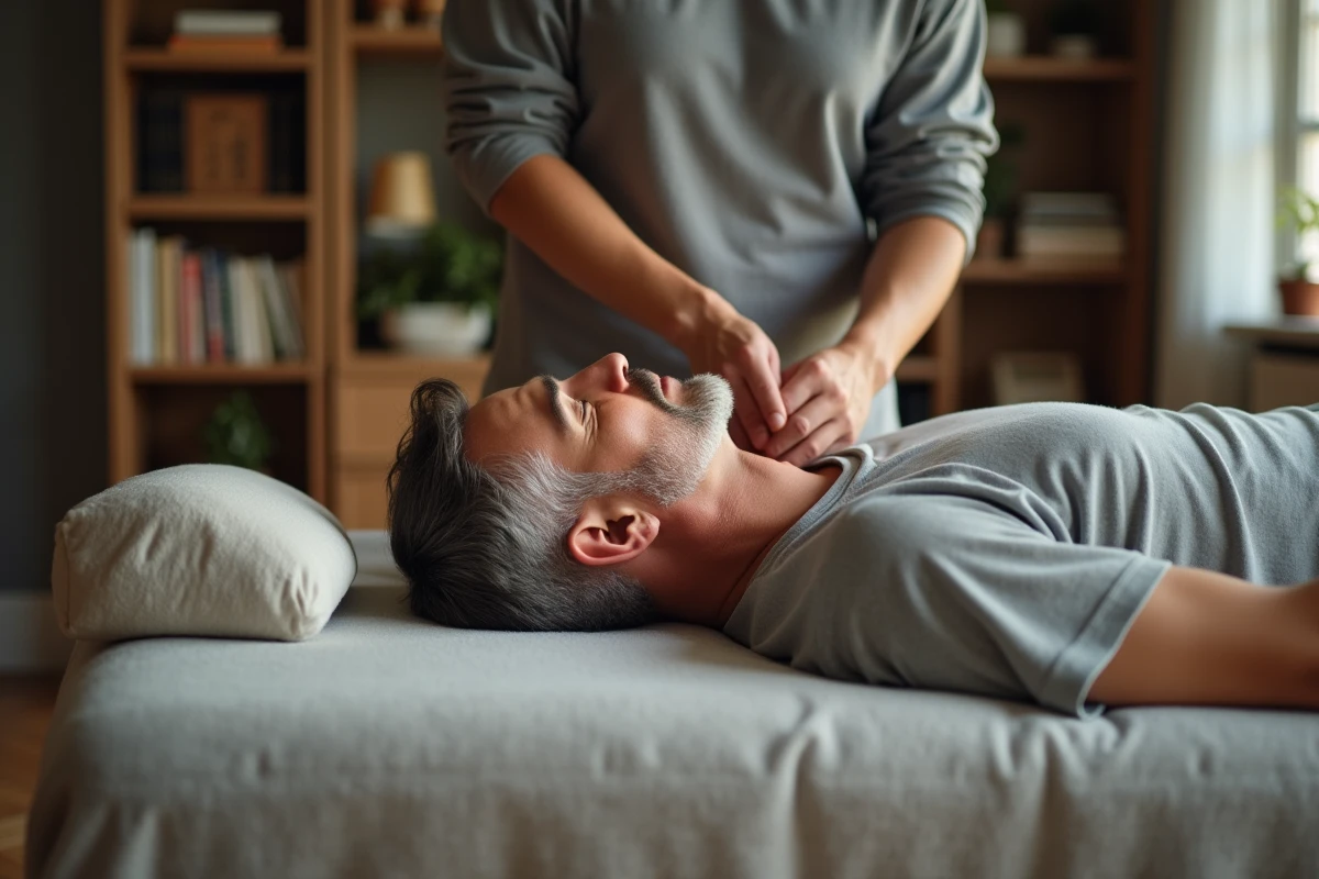 Homme allongé recevant un massage shiatsu dans un salon cosy