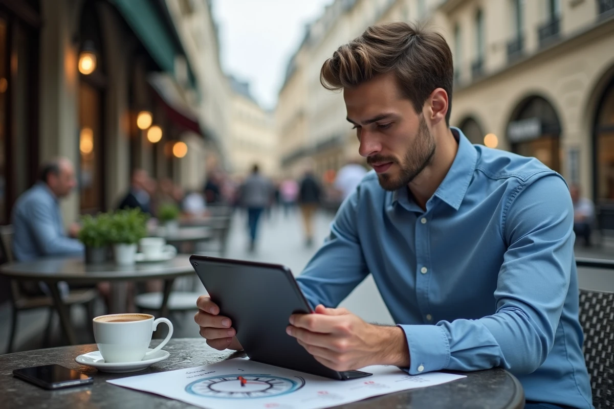 Jeune homme français en visio au café à Paris