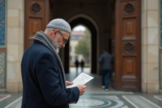 Musulman moyen âge vérifiant un calendrier de prières devant la mosquée