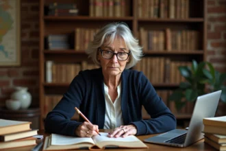 Femme participant à un atelier d'écriture napoléonienne à son bureau avec des livres d'histoire et un générateur de courrier en ligne