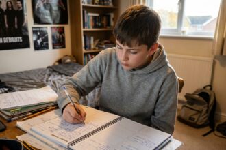 Collégien écrivant dans un cahier de texte papier à son bureau, organisation scolaire manuelle en 2026