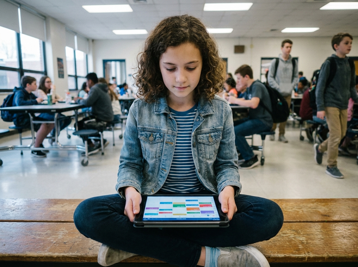 Collégienne consultant son agenda numérique sur tablette à la cantine scolaire