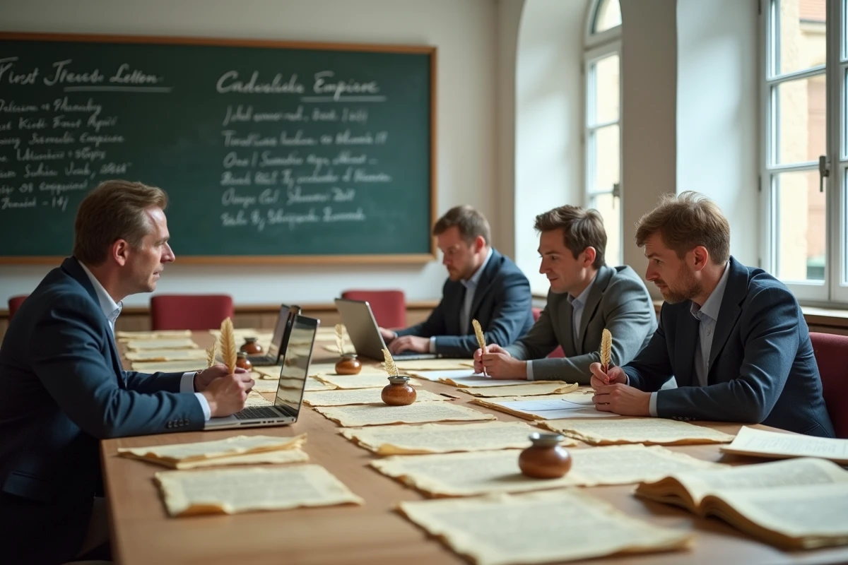 Groupe d'adultes en atelier d'écriture napoléonienne autour d'une table avec des lettres d'époque imprimées et des ordinateurs portables