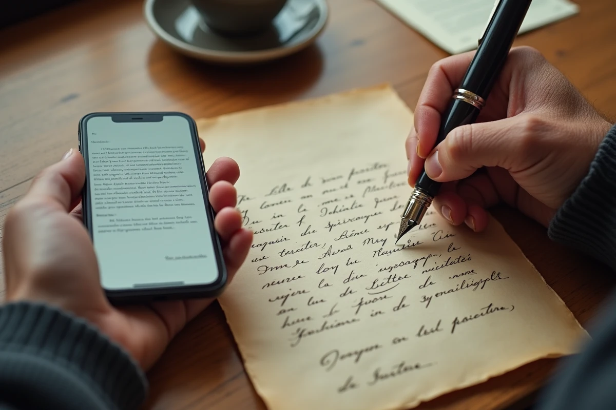 Gros plan de mains écrivant une lettre napoléonienne à la plume avec un générateur de courrier affiché sur un smartphone