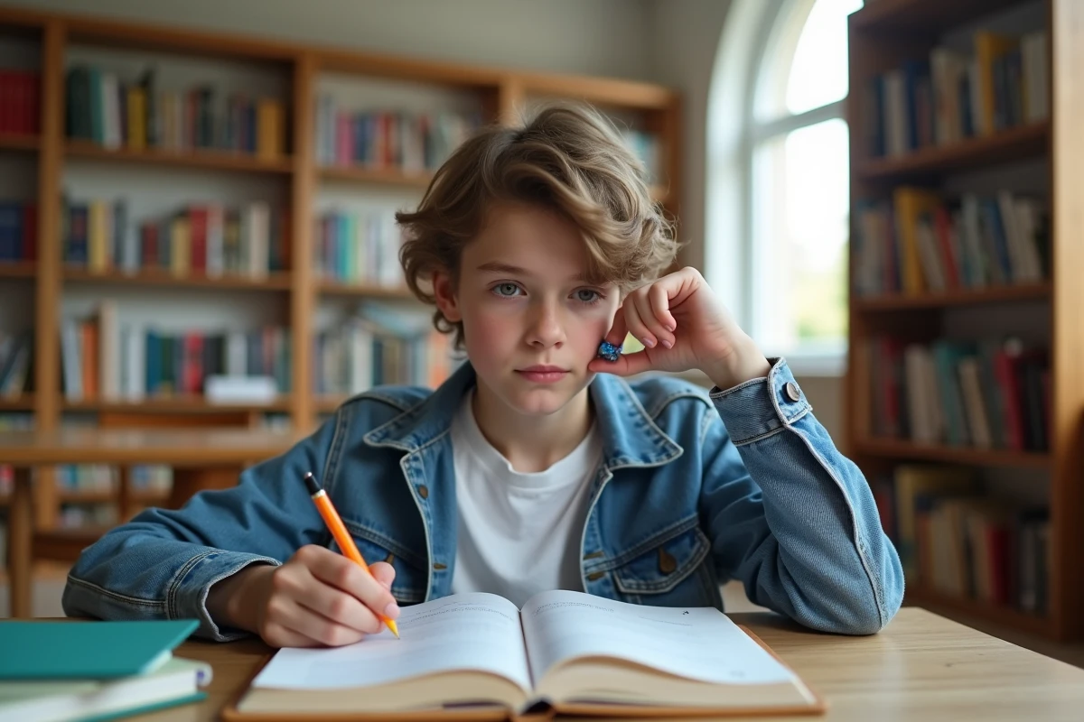 Adolescent concentré sur un exercice de grammaire française dans une bibliothèque scolaire