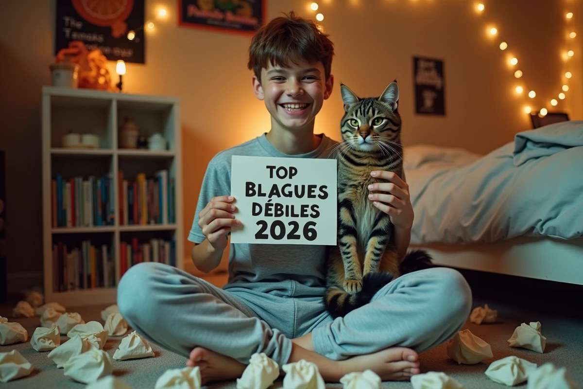 Adolescent fier montrant un fanzine de blagues débiles 2026 dans sa chambre décorée avec un chat indifférent à ses côtés