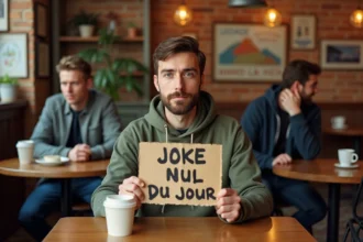 Homme tenant une pancarte humoristique dans un café parisien avec une expression pince-sans-rire pour illustrer les blagues nulles tendance 2026