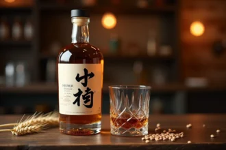 Bouteille de whisky japonais Akashi posée sur un comptoir en bois de chêne avec des verres ambrés