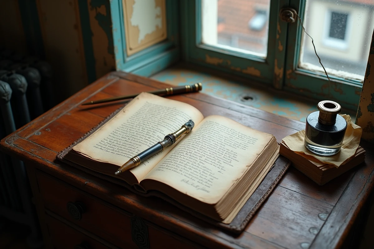 Bureau ancien avec livre de poésie ouvert et annotations manuscrites évoquant l'œuvre et les citations de Rimbaud sur la liberté