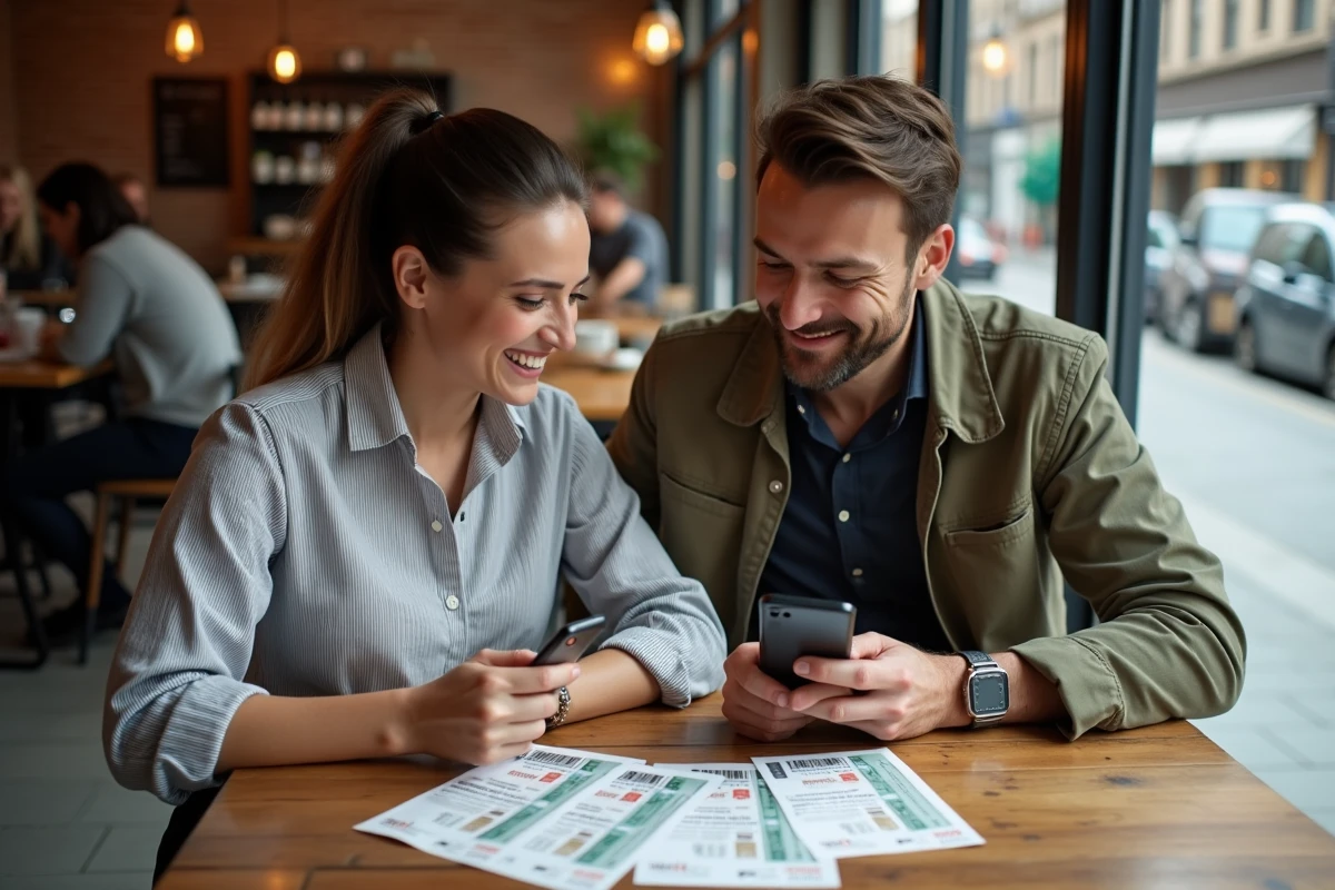 Deux amis comparant des billets de concert sur une table de café pour trouver la meilleure plateforme de revente sans frais