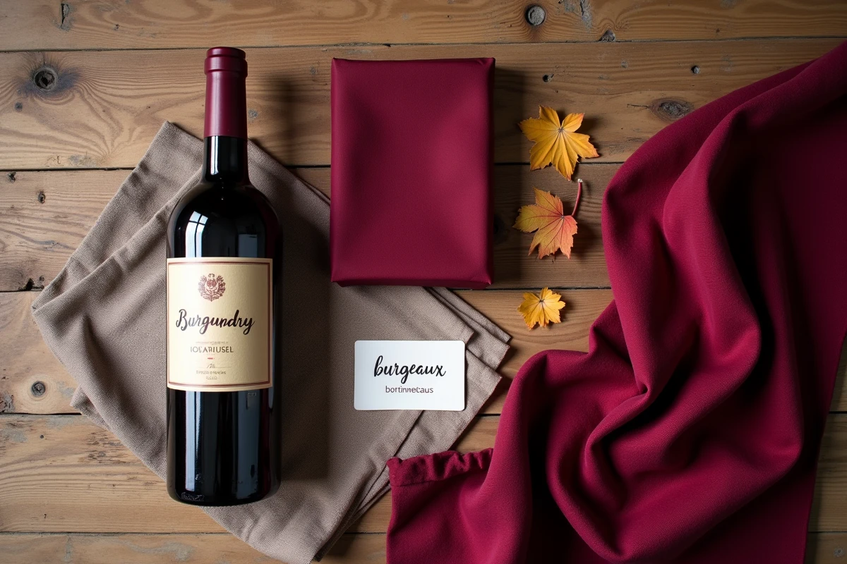 Composition à plat avec une bouteille de vin de Bourgogne, un tissu bordeaux et une carte de référence couleur bilingue sur une table en chêne