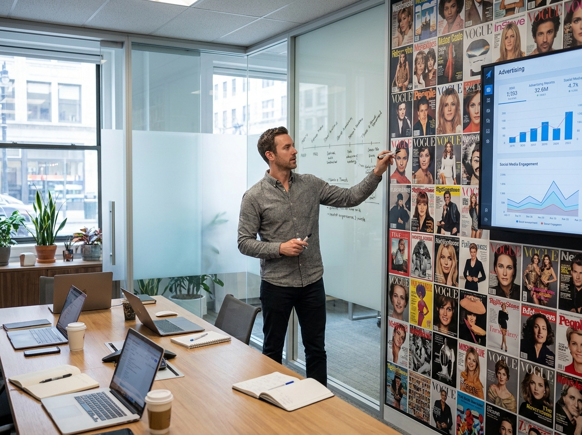 Consultant en stratégie médias présentant l'évolution historique des revenus publicitaires de la presse magazine face à la montée du numérique, dans une salle de réunion d'agence moderne.