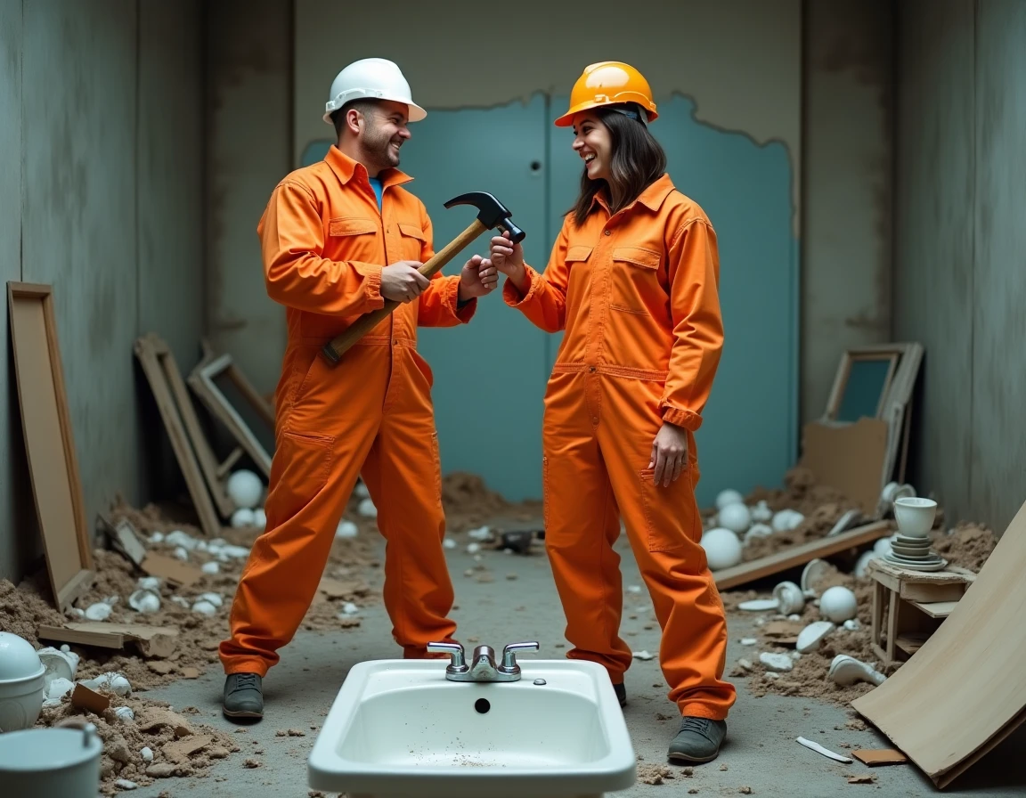 Couple riant ensemble lors d'une expérience de rage room à Lyon, en tenue de protection orange, entourés d'objets brisés