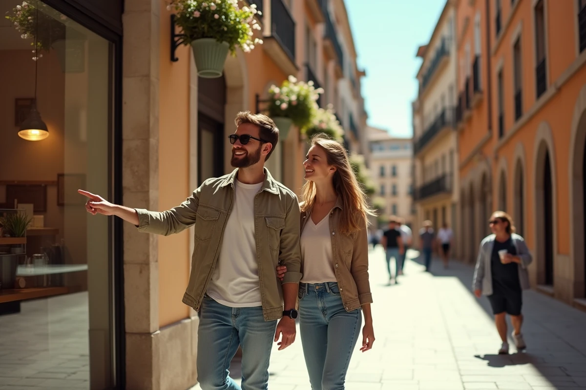Couple se promenant dans une rue commerçante piétonne de Montpellier avec des boutiques ouvertes