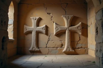 Croix des Templiers et croix de Malte sculptées côte à côte sur un mur en pierre médiéval