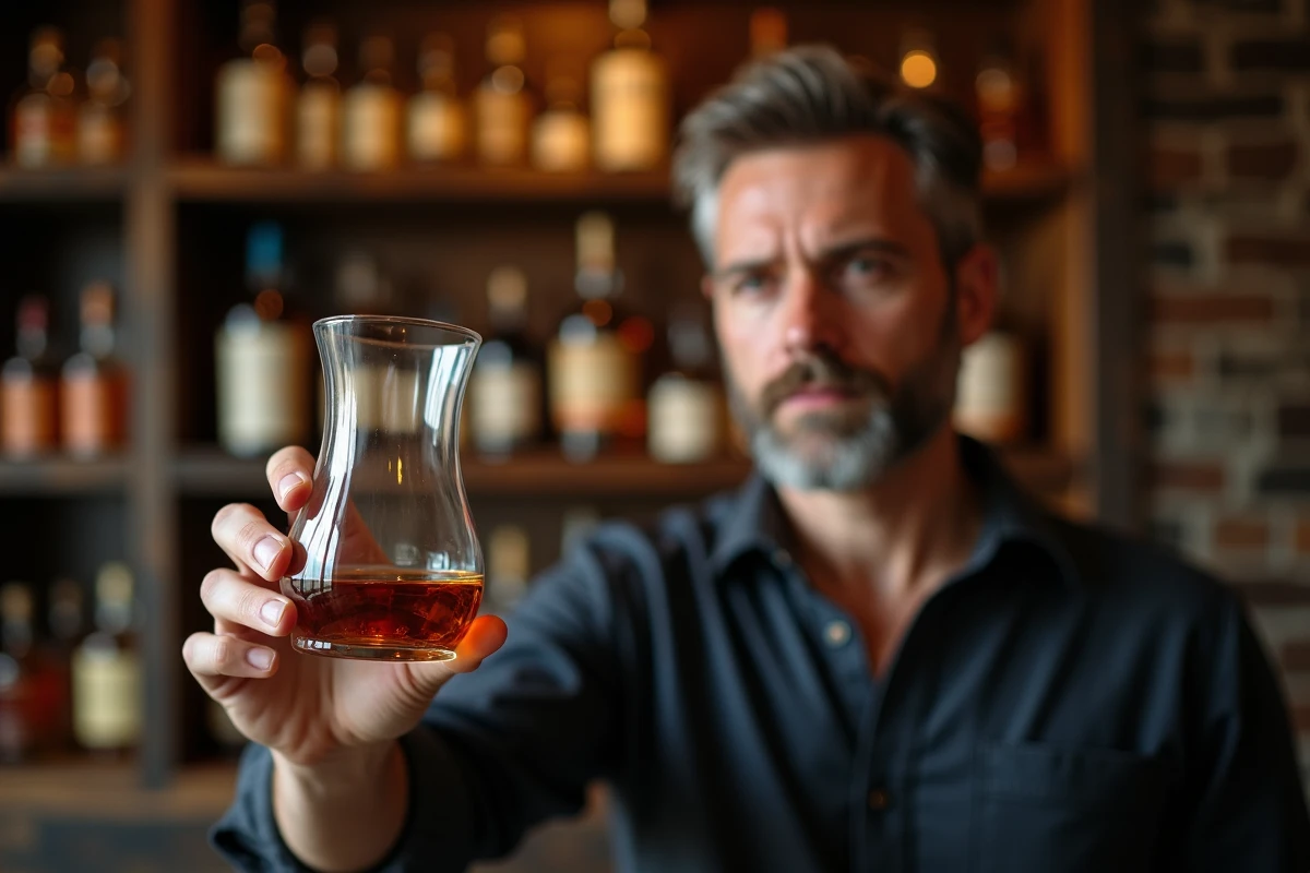 Homme dégustant un verre de whisky japonais dans une salle de dégustation aux étagères garnies de bouteilles