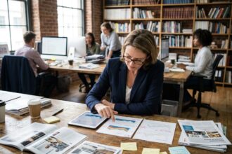 Directrice éditoriale examinant des maquettes publicitaires et des données numériques dans une salle de rédaction de magazine moderne, illustrant la mutation du modèle économique de la presse magazine.
