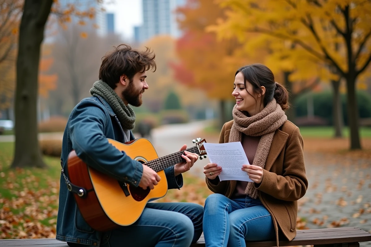 Duo de musiciens en extérieur dans un parc, un guitariste et une chanteuse répétant des accords ensemble en automne