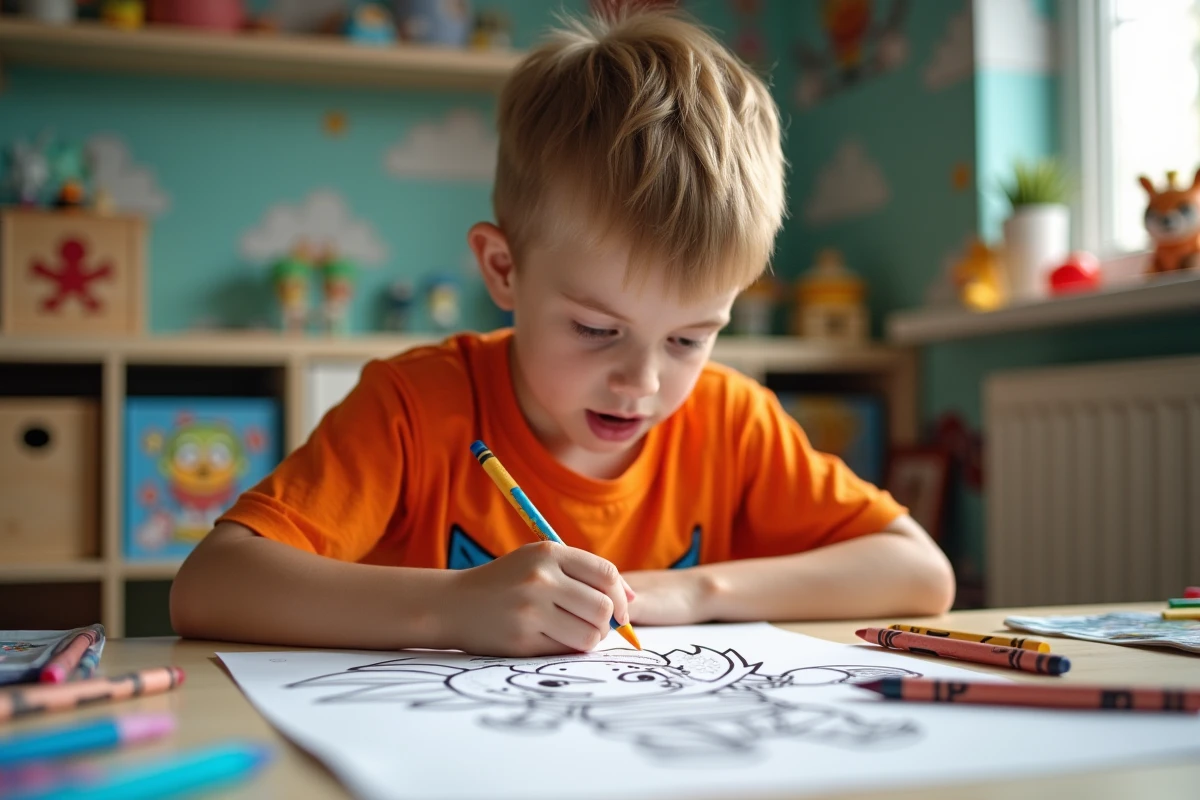 Enfant concentré en train de colorier un personnage Dragon Ball à sa table de jeux
