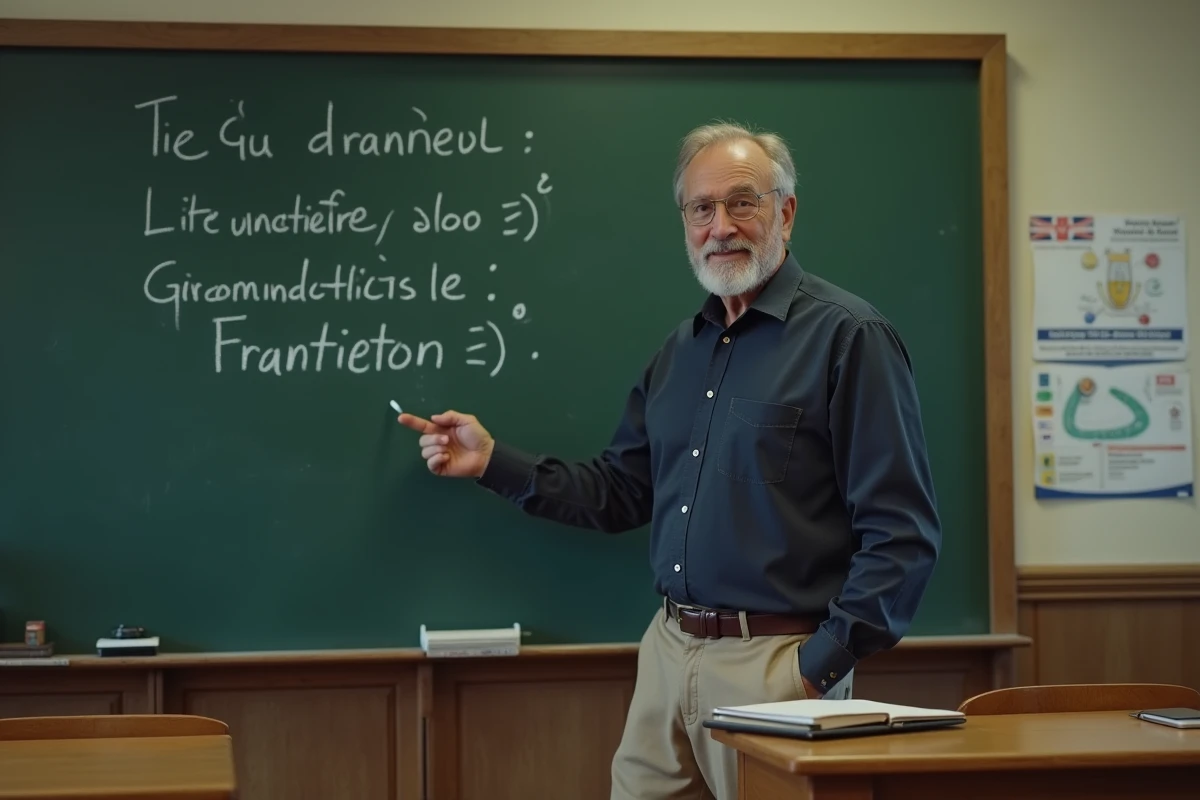Enseignant montrant une faute d'orthographe au tableau noir dans une salle de classe française