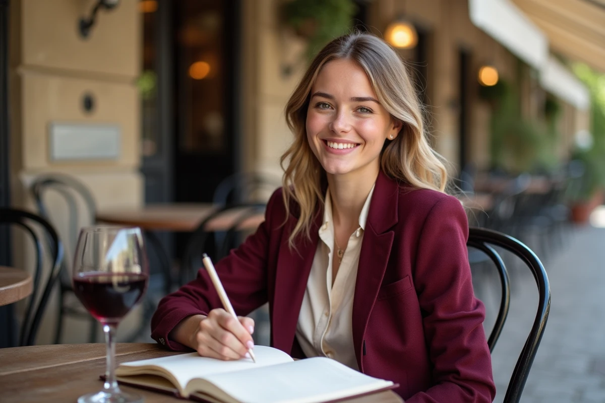 Jeune femme portant un blazer bordeaux prenant des notes dans un café en plein air à Dijon avec un verre de vin rouge sur la table