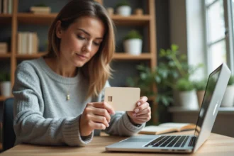 Femme examinant une carte illicado avant de l'utiliser pour un achat sur Amazon