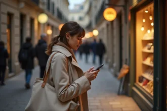 Femme cherchant un magasin ouvert dans une rue de Montpellier le soir avec son smartphone