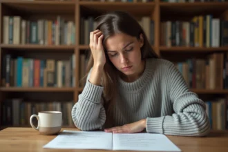 Jeune femme relisant un texte manuscrit en français avec un crayon à la main, cherchant des fautes d'orthographe