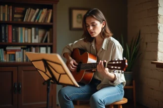 Femme jouant de la guitare acoustique et chantant dans un salon chaleureux avec une partition sur un pupitre
